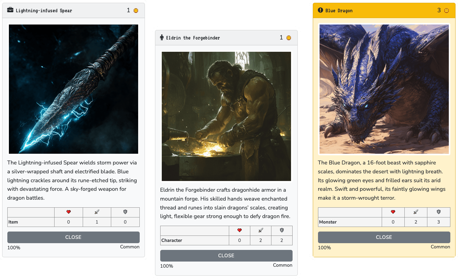 RPG-style Eggtrail cards with characters, items, and a dragon boss